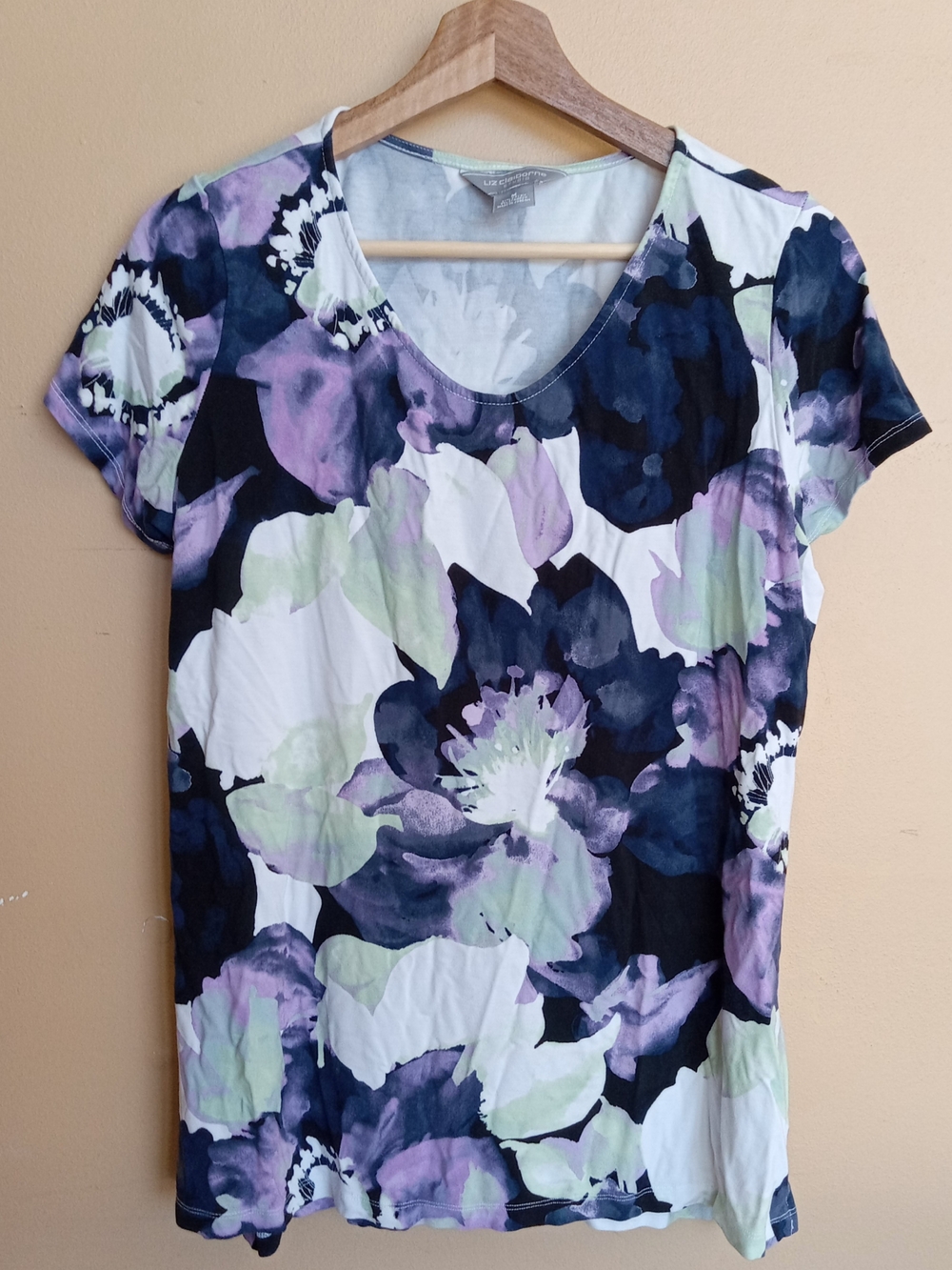 Floral Scoop Neck Tee by Liz Claiborne - White with Navy & Lavender